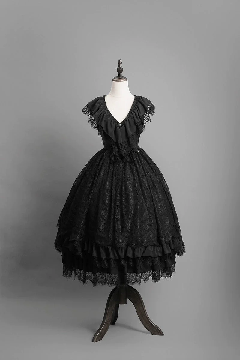 Black Gothic Lolita Ball Gown - Victorian-Inspired Layered Tulle Ruffle Dress Plus Size - Image 10