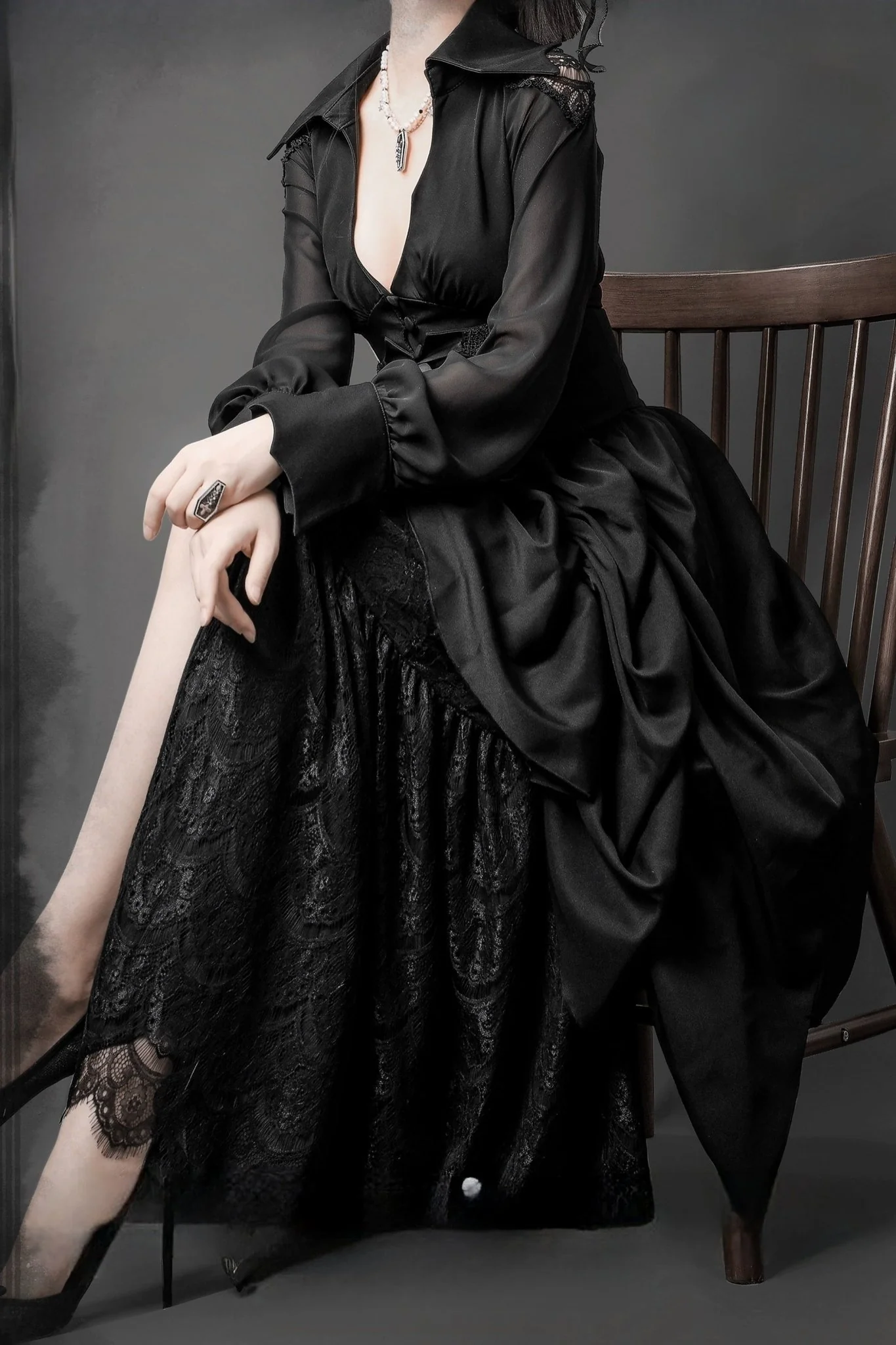 Black Gothic Lolita Prom Dress with Corset - Victorian-Inspired Ball Gown with Layered Lace and Ruffles Plus Size - Image 8