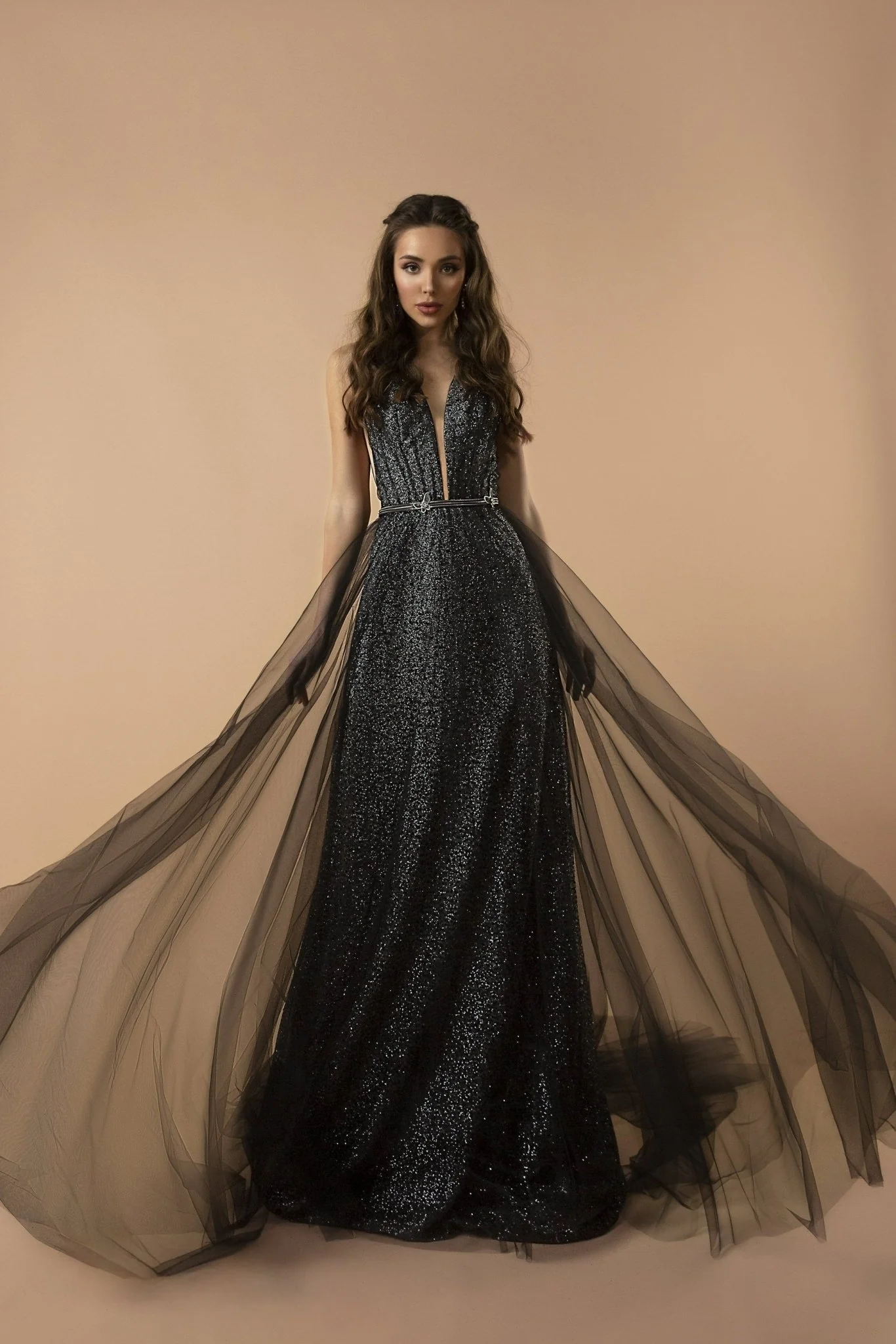 Black Gothic Tulle Evening Gown with Sparkling Silver Sequin Embroidery and Plunging Neckline Plus Size