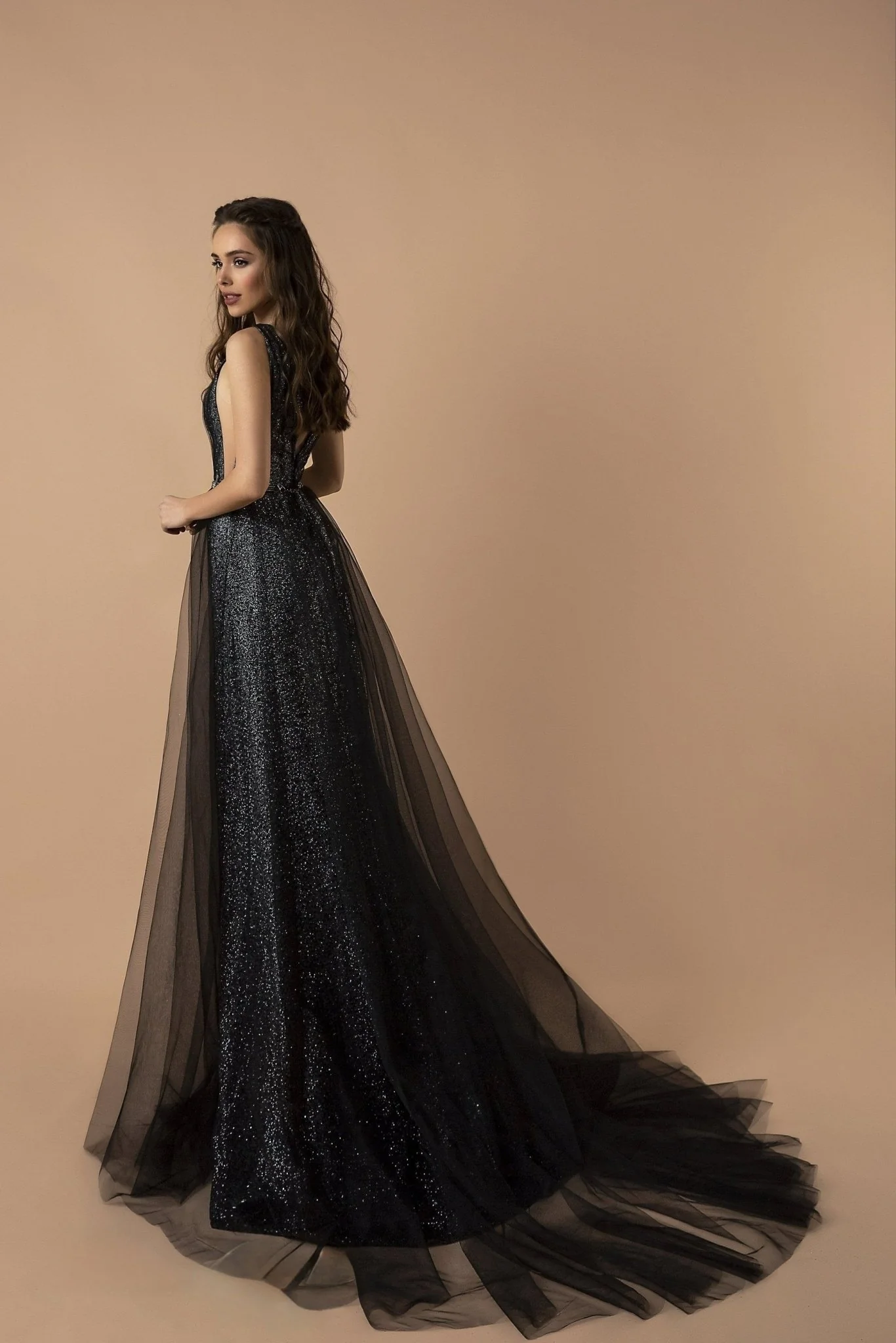 Black Gothic Tulle Evening Gown with Sparkling Silver Sequin Embroidery and Plunging Neckline Plus Size - Image 3