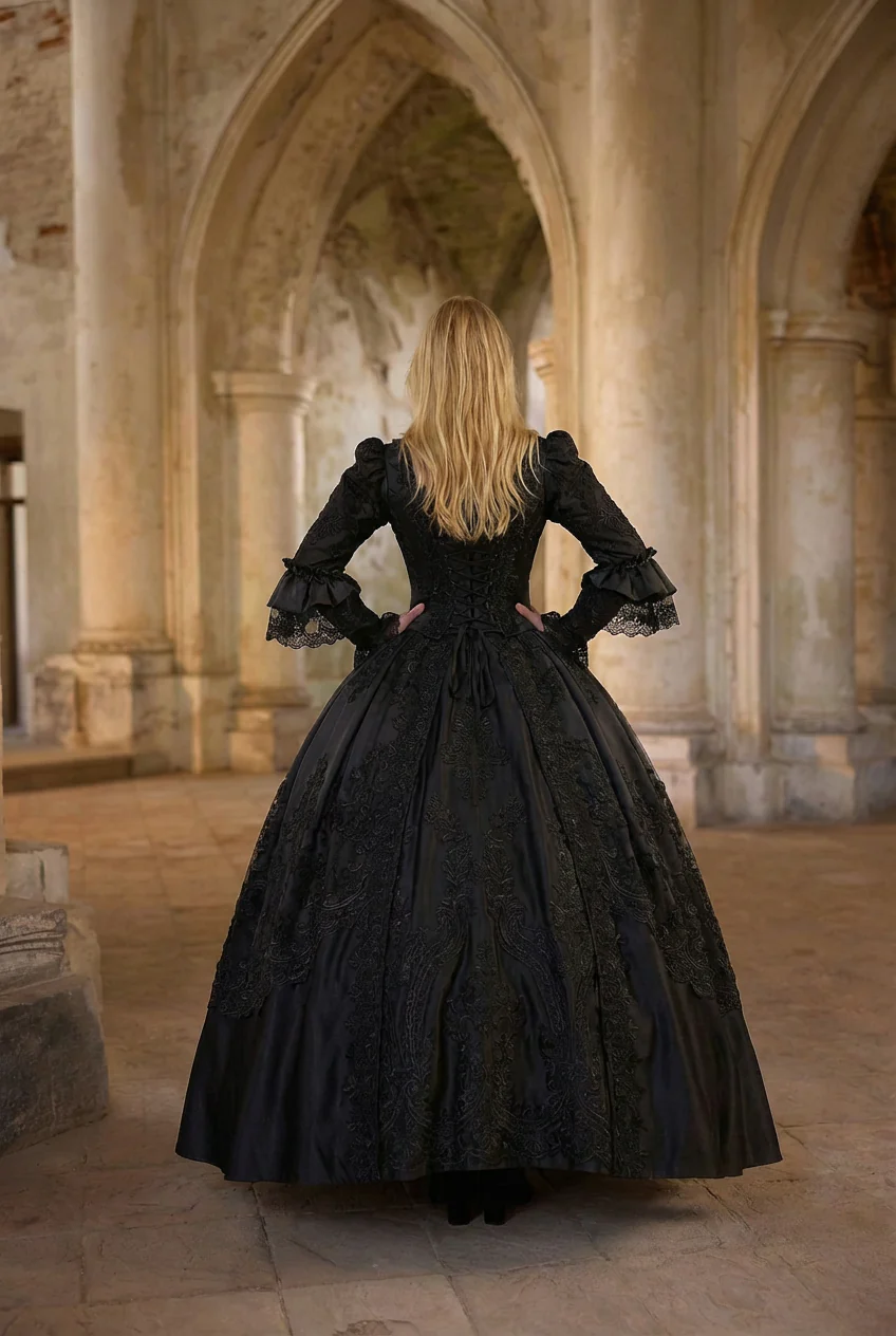 Black Gothic Victorian Ball Gown with Belted Elegance - Rococo Style Dress with Timeless Grace Plus Size - Image 2