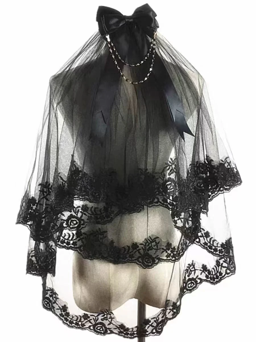 Black Gothic Wedding Veil with Floral Lace and Chain Accents - Elegant Bridal Veil - Image 4