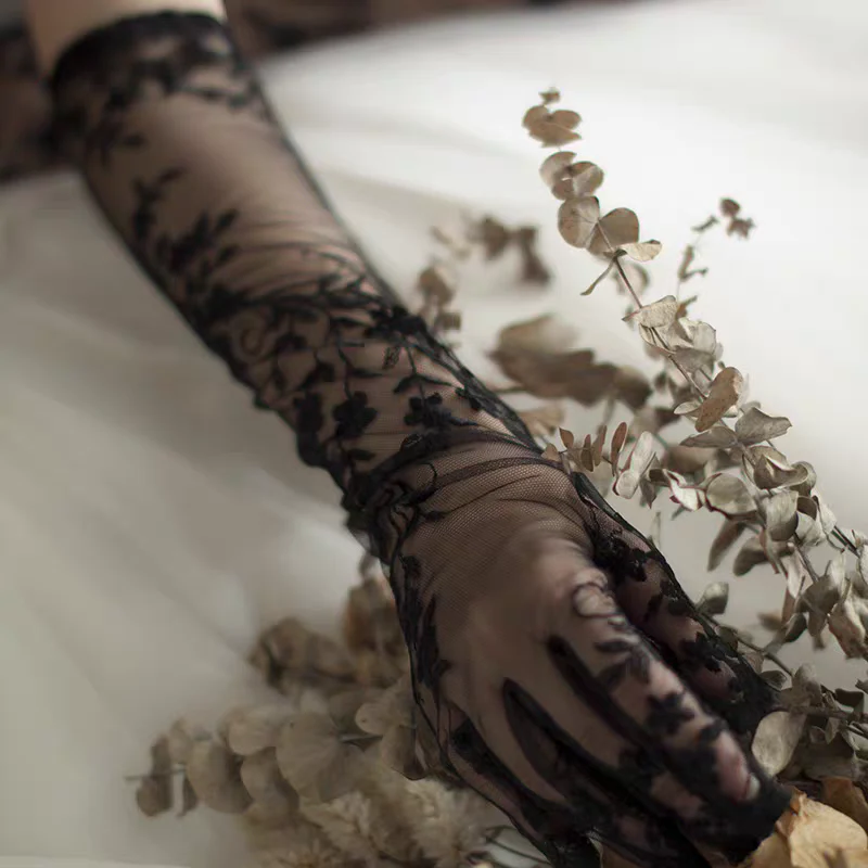 Black Lace Embroidered Long Bridal Gloves - Gothic Wedding Accessory - Image 3