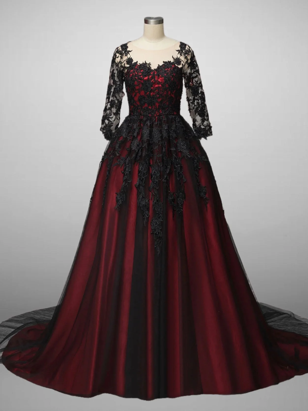 Gothic Black And Red A-Line Wedding Dress with Red Lace Floral Embroidered Plus Size