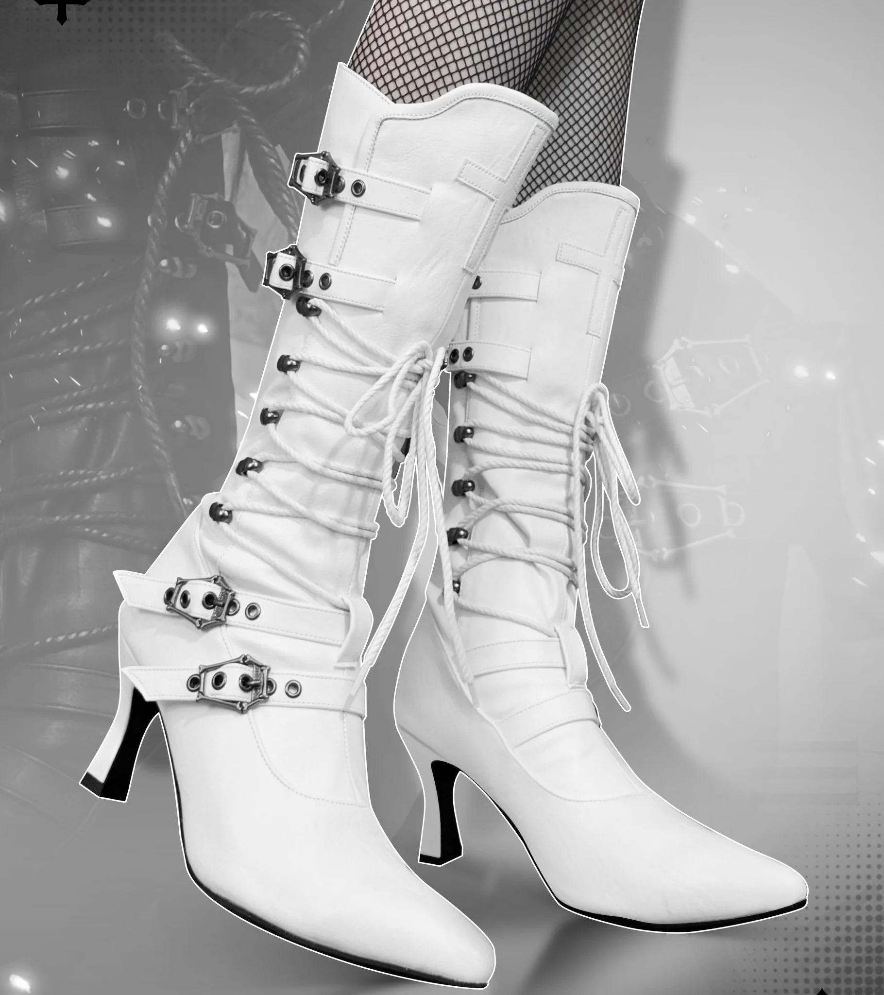 Black Lace-Up Gothic Knee-High Boots with Buckles - Gothic Heels - Image 4
