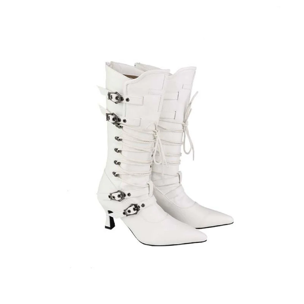 Black Lace-Up Gothic Knee-High Boots with Buckles - Gothic Heels - Image 6