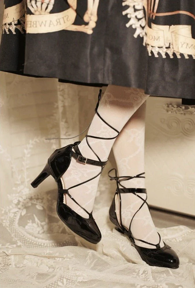 Black Lolita Vintage Shoes with Lace-Up - Lolita Heels - Image 2