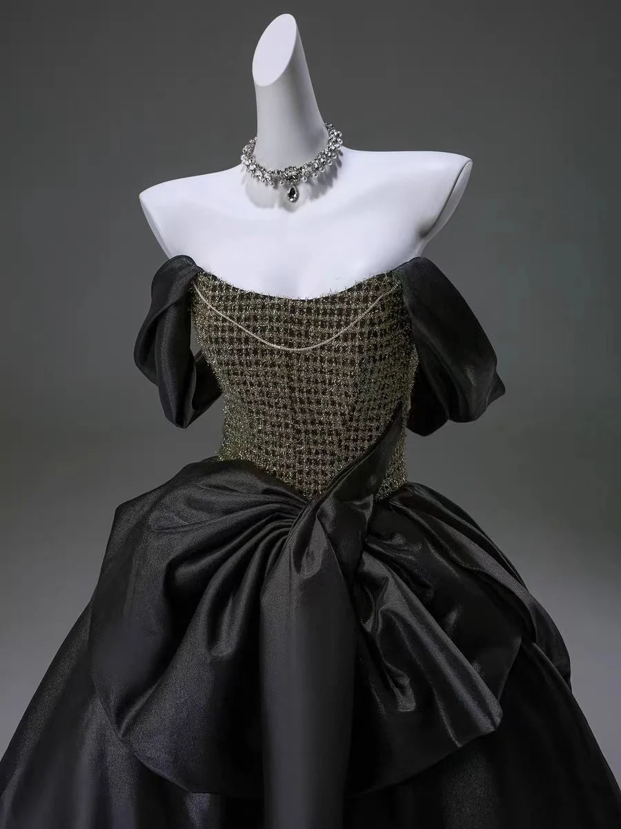 Gothic Black Satin Off-Shoulder Ball Gown with Draped Skirt - Plus Size - Image 4