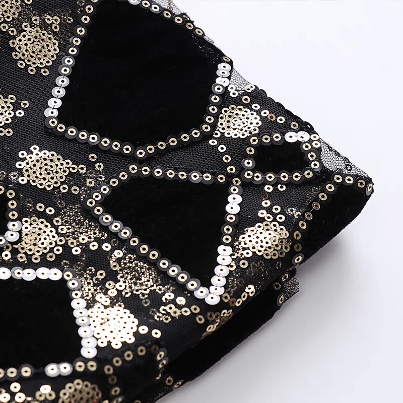 Black Sequined Mesh Fabric with Gold Accents - Image 2