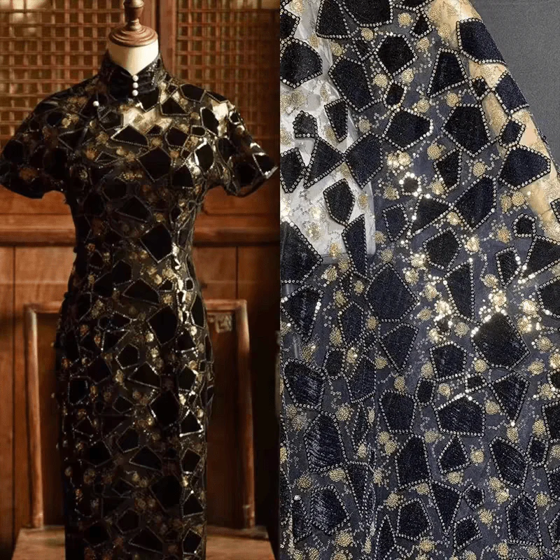Black Sequined Mesh Fabric with Gold Accents - Image 3