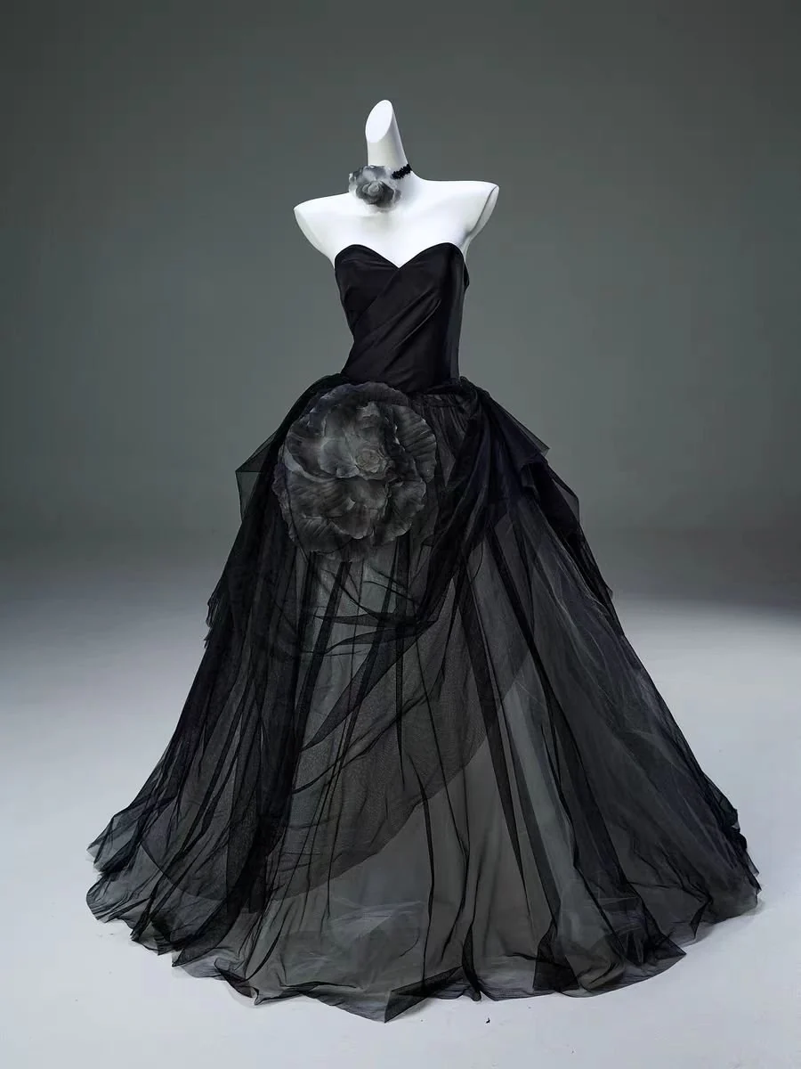 Gothic Black Strapless Evening Gown with Floral Accents and Tulle Skirt - Plus Size