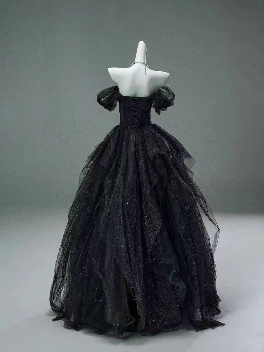 Gothic Black Tulle Off-the-Shoulder Evening Gown with Sparkling Detail - Plus Size - Image 3