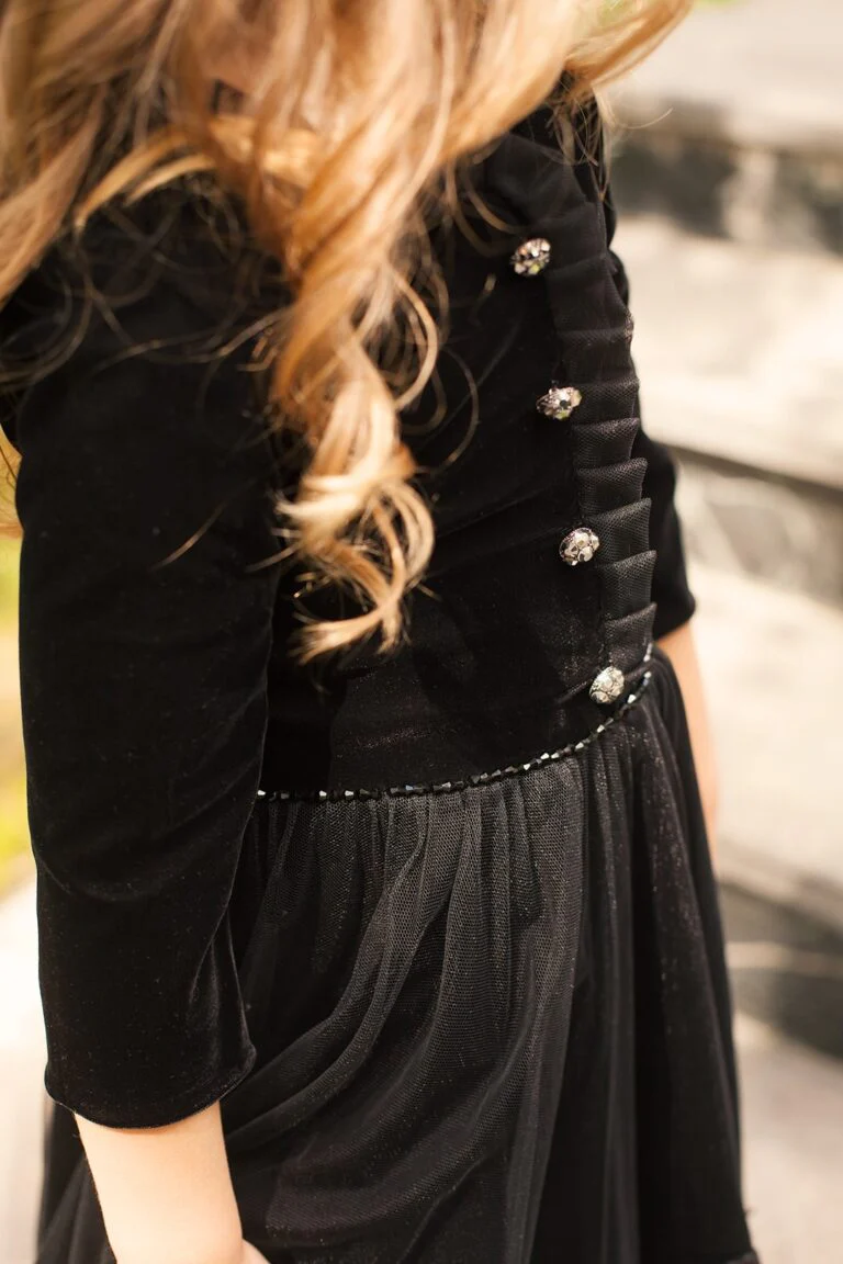 Black Velvet and Lace Plus Size Girl’s Dress – Nikky Elegant Party Gown with 3/4 Sleeves and Decorative Buttons for Special Occasions - Image 4