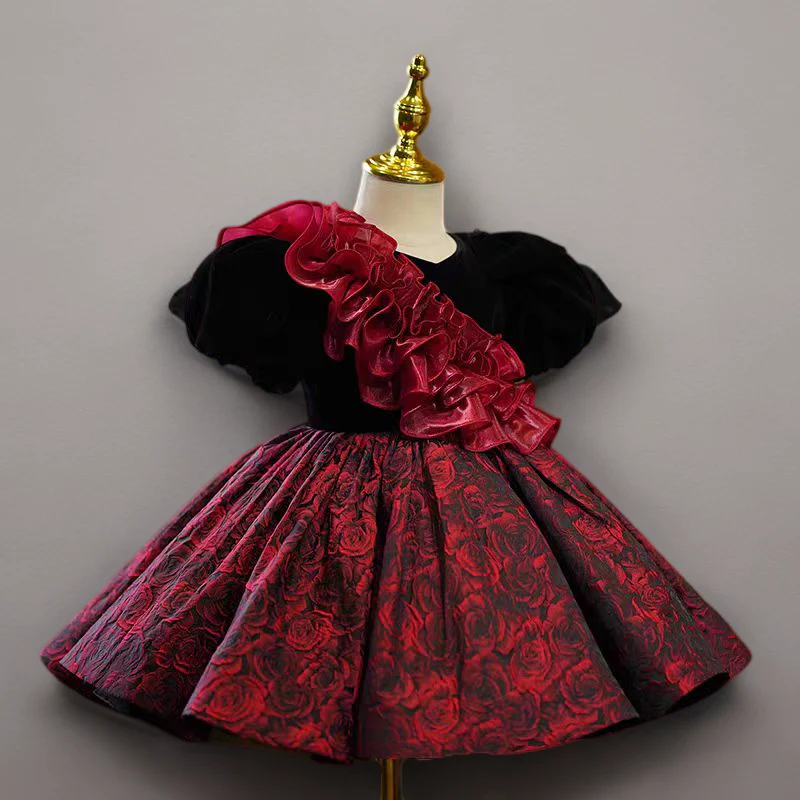 Gothic Black Velvet and Red Rose Brocade Long Sleeve Flower Girl Dress for Wedding – Plus Size - Image 3