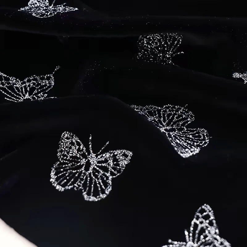 Black Velvet Fabric with Silver Butterfly Embroidery