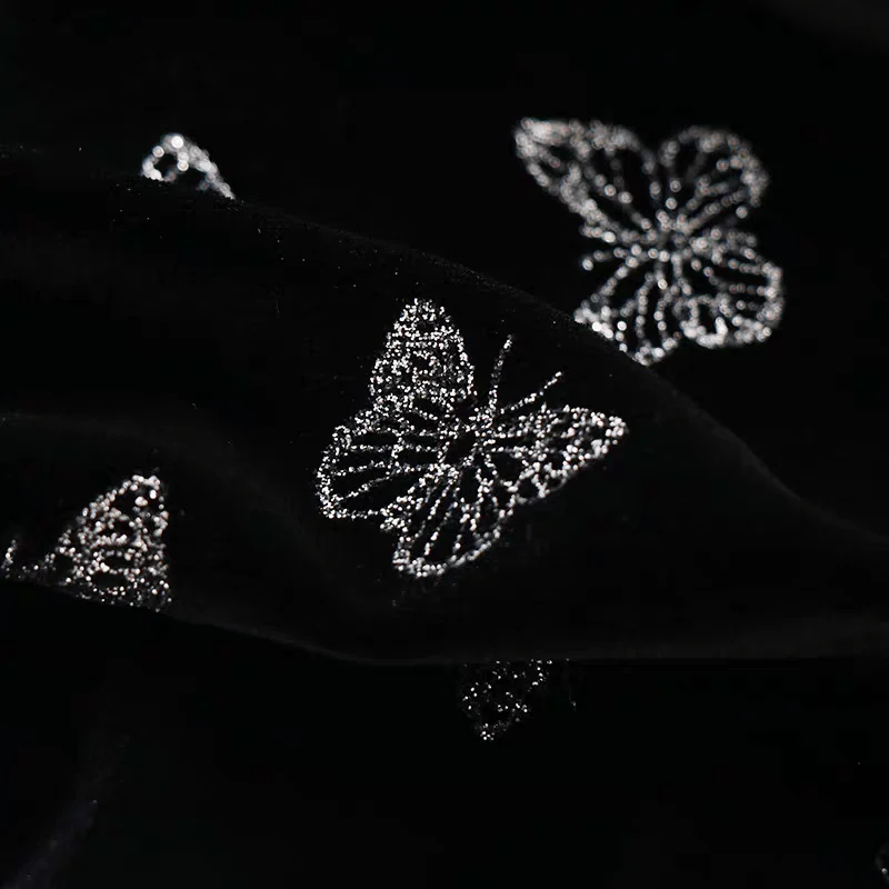 Black Velvet Fabric with Silver Butterfly Embroidery - Image 3