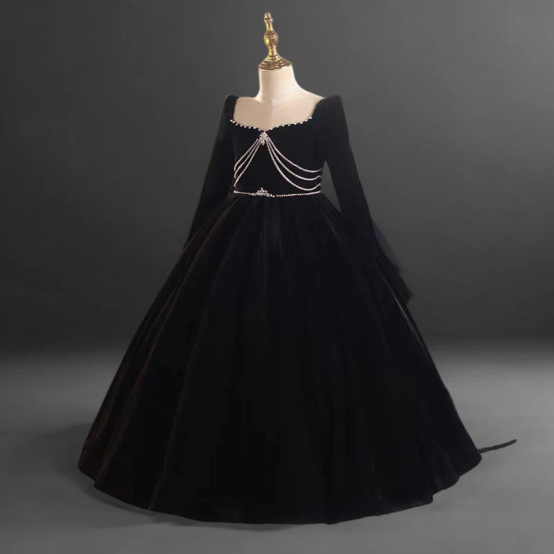 Gothic Black Velvet Long Sleeve Flower Girl Dress with Pearl Embellishments for Special Occasion - Plus Size - Image 3