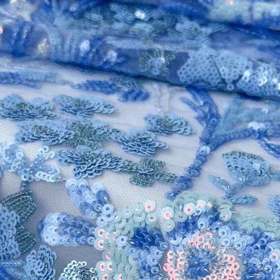 Blue and Green Embroidered Floral Tulle with Sequins Fabric - Image 3