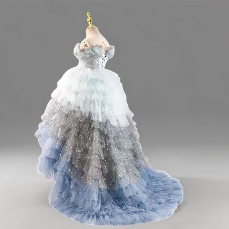 Blue and Silver Layered Tulle Off-Shoulder Flower Girl Dress with Sequins for Special Occasion - Plus Size - Image 2
