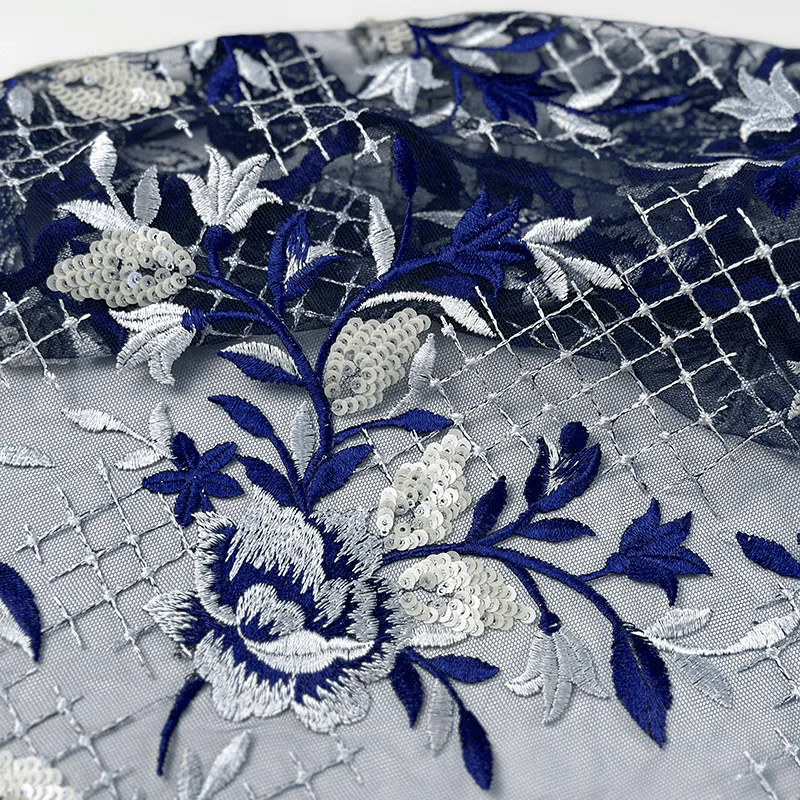 Blue and White Floral Sequin Embroidered Tulle Lace Fabric - Image 2