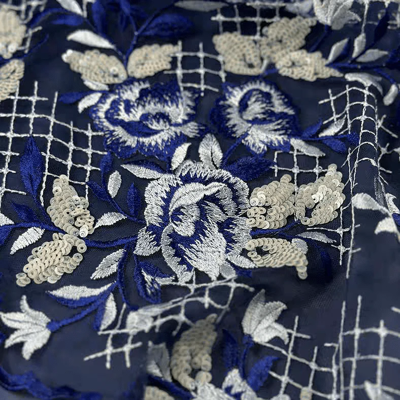 Blue and White Floral Sequin Embroidered Tulle Lace Fabric - Image 3