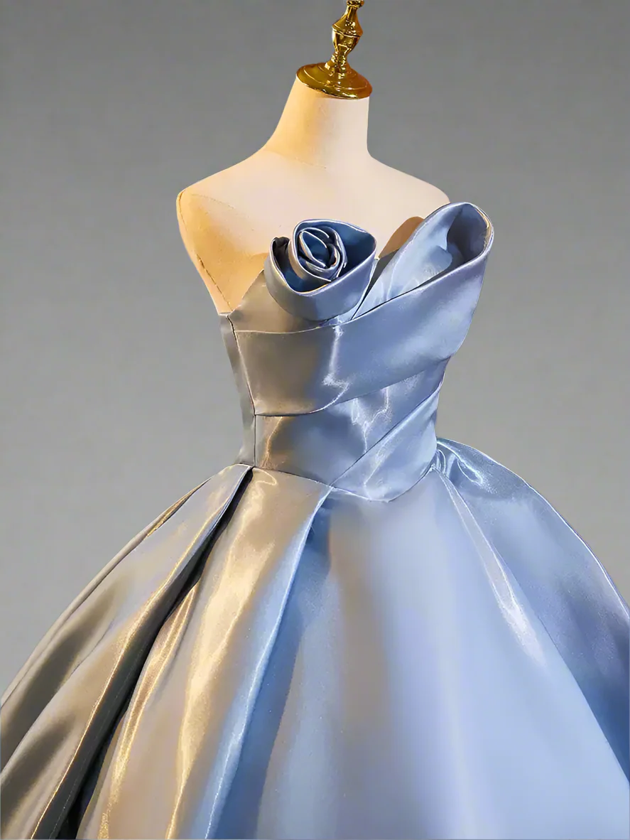 Blue Ball Gown with Corset Back - Satin Wedding Dress with Flower Accessories -  Strapless Corset Wedding Dress Plus Size - Image 5