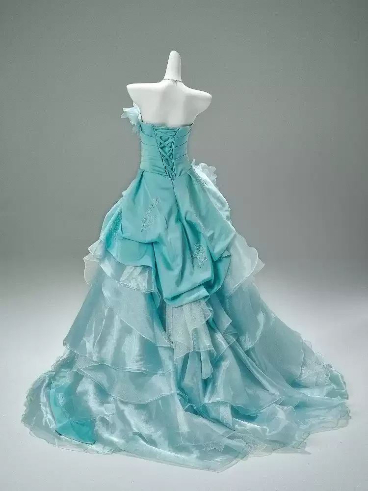Blue Ball Gown with Floral Appliqué – Strapless Layered Tulle Ruffle Dress with Lace-Up Back Plus Size - Image 5