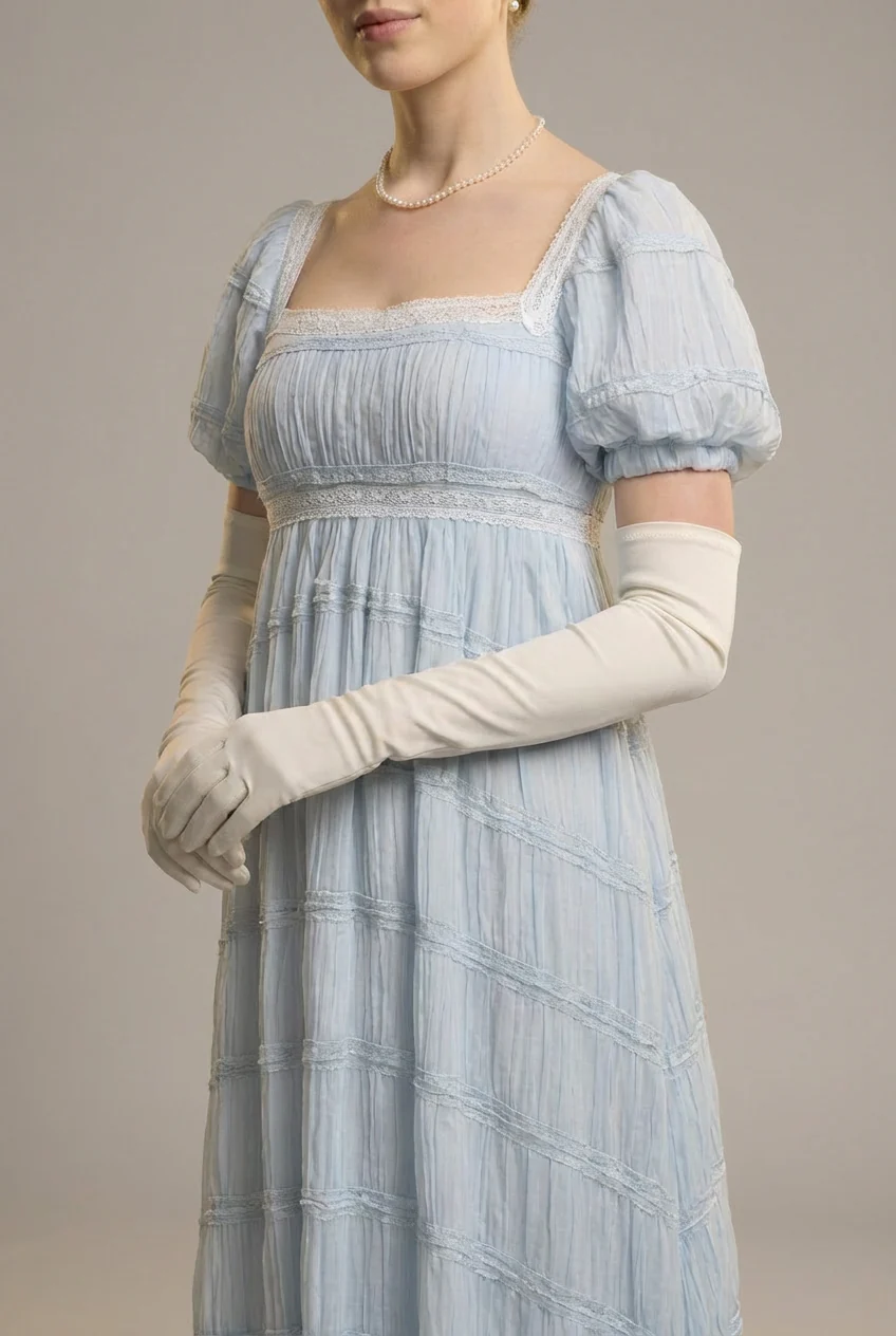 Romantic Regency Era White Blue Dress - Empire Waist Ball Gown Plus Size - Image 5