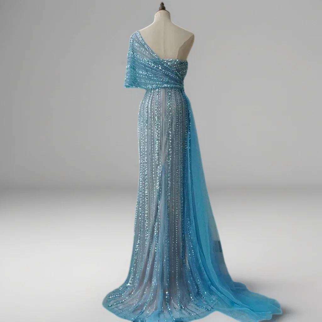 Blue Off-Shoulder Sequin Evening Gown – Sparkly Maxi Dress with Slit and Tulle Train Plus Size - Image 2