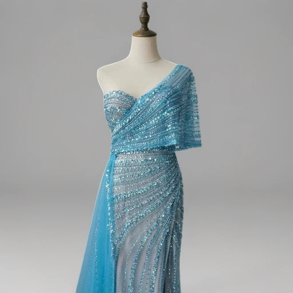 Blue Off-Shoulder Sequin Evening Gown – Sparkly Maxi Dress with Slit and Tulle Train Plus Size - Image 3