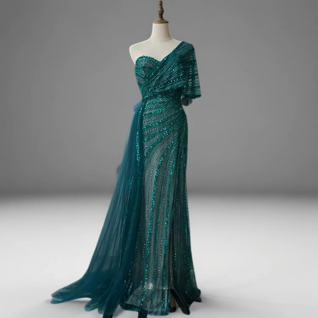 Blue Off-Shoulder Sequin Evening Gown – Sparkly Maxi Dress with Slit and Tulle Train Plus Size - Image 4