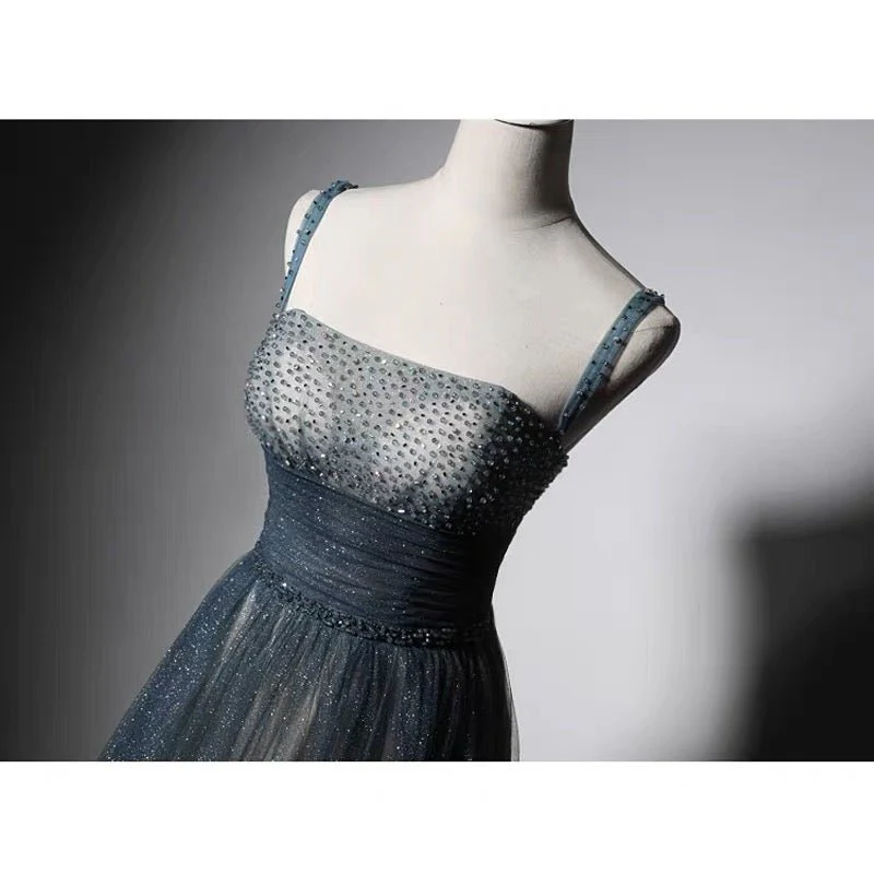 Blue Ombre Spaghetti Straps Prom Dress With Gold Glitter- Corset Evening Gown Plus Size - Image 4