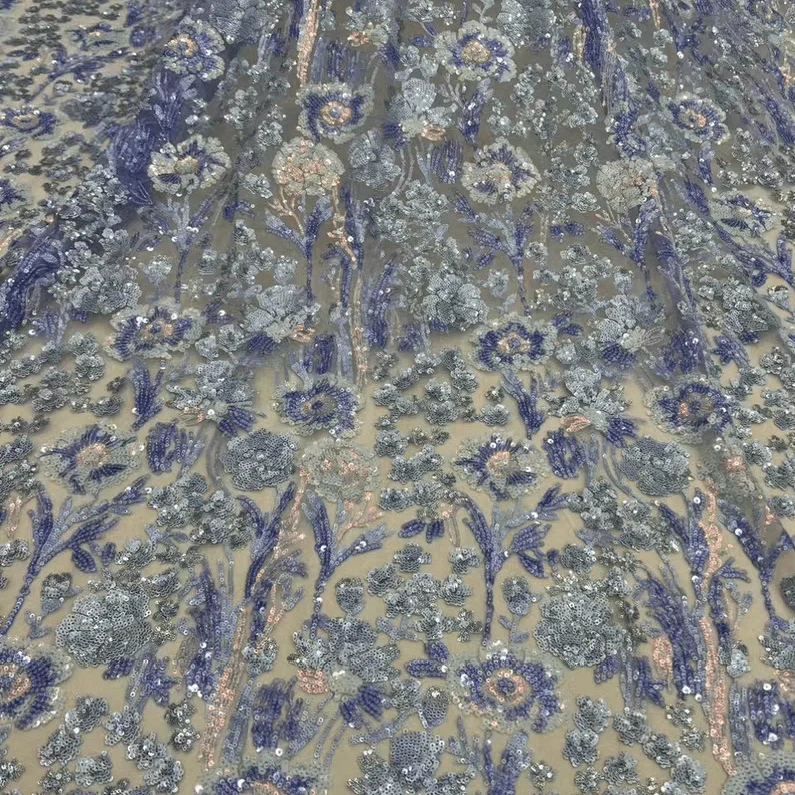 Blue Sequin Embroidered Tulle Lace Fabric - Image 4