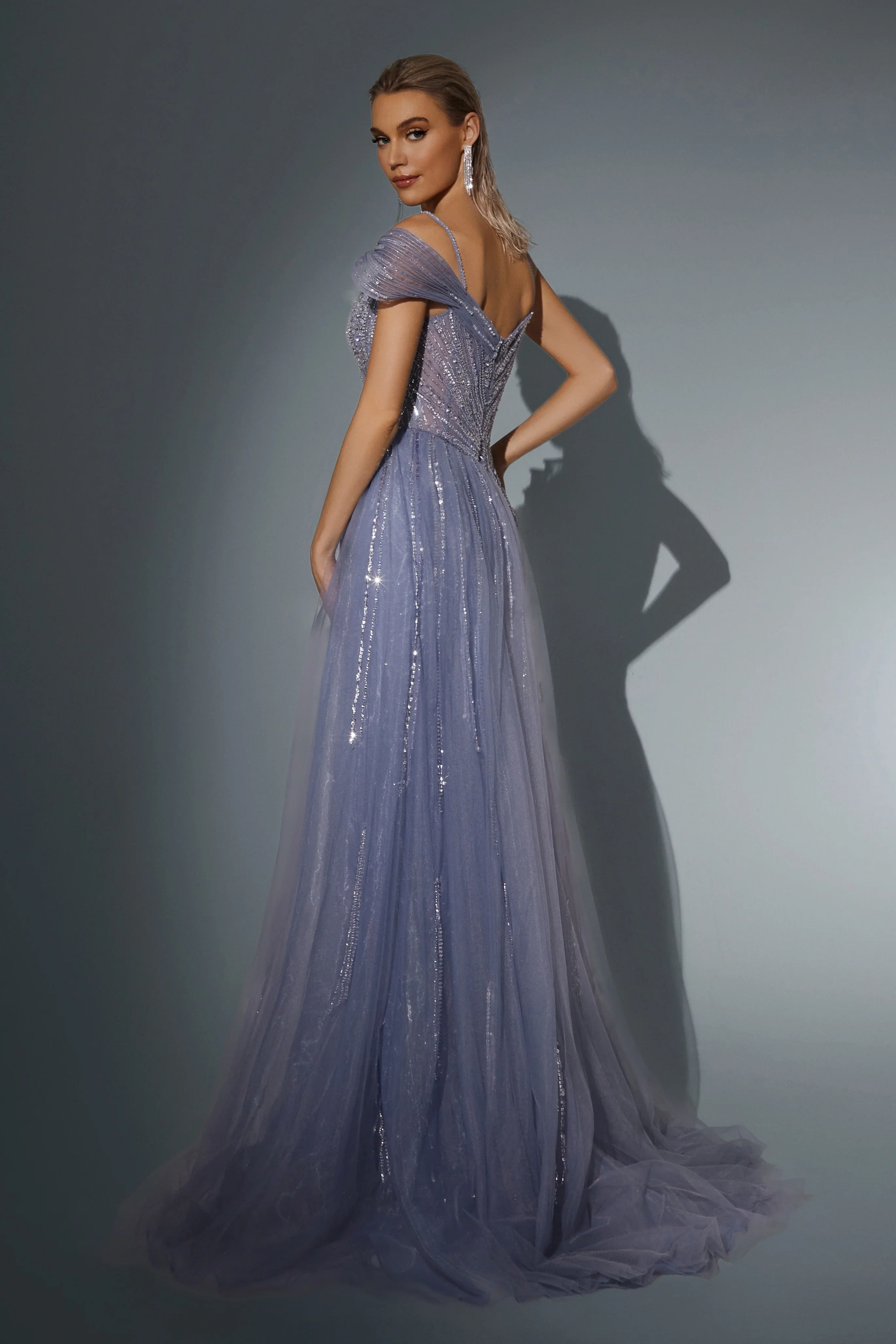 Lavender Blue Sequin Evening Gown with Illusion Neckline - Sparkly Maxi Dress with Flowing Train - Designer Sequin Gown Plus Size - Image 2