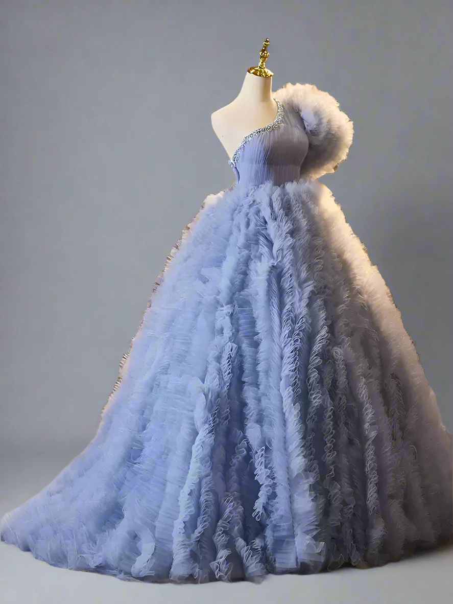 Blue Tiered Tulle Ball Gown with  Asymmetrical Neckline - Corset Tulle Dress with Layered Ruffle Skirt - Layered Tulle Ruffle Dress Plus Size - Image 2