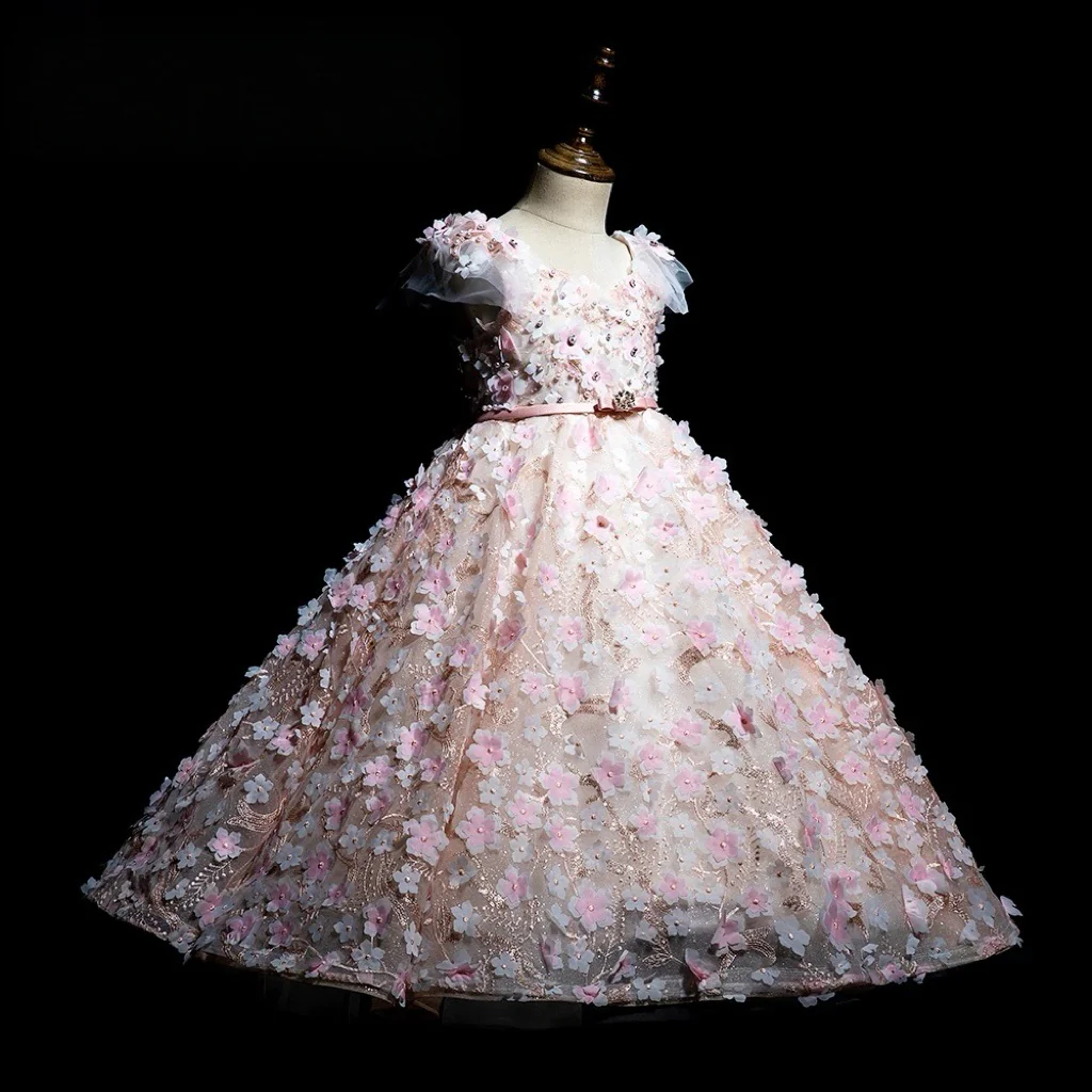 Blush Pink 3D Floral Lace Flower Girl Dress with Tulle Skirt – Lace Flower girl dress Plus Size - Image 2