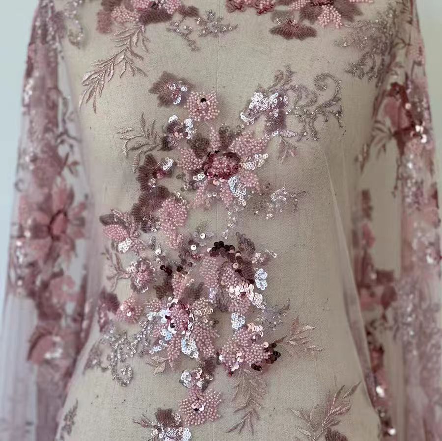 Blush Pink 3D Sequined Floral Lace Fabric - Elegant Sheer Embroidery