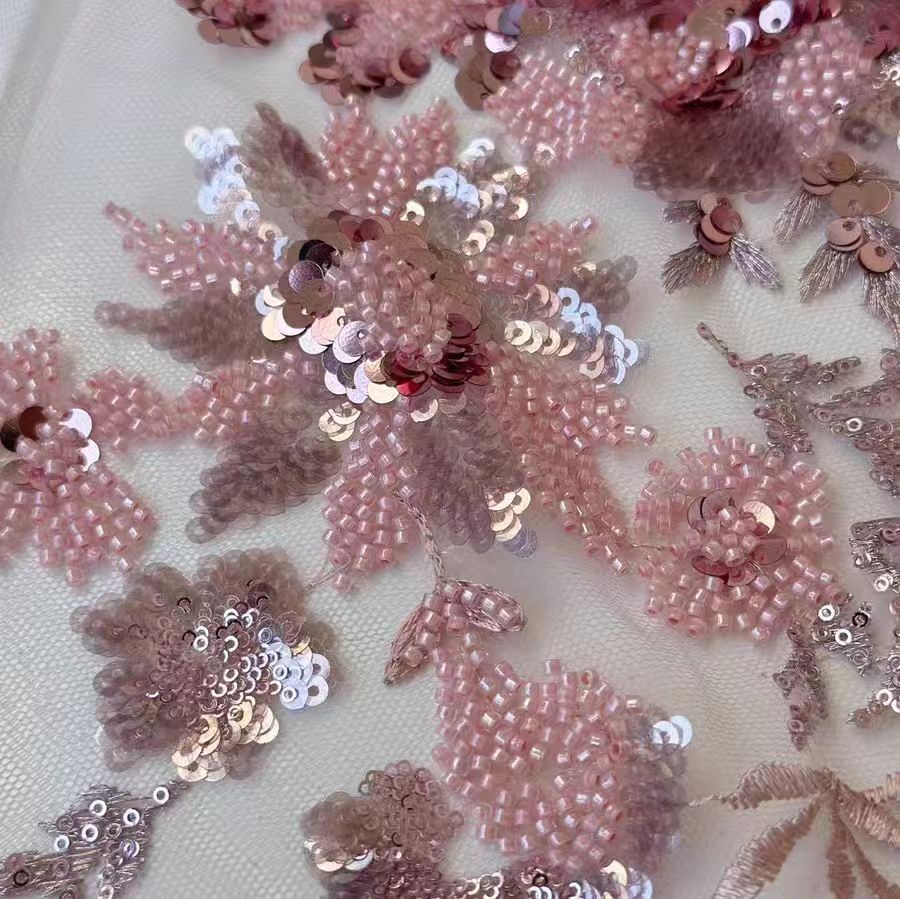 Blush Pink 3D Sequined Floral Lace Fabric - Elegant Sheer Embroidery - Image 2