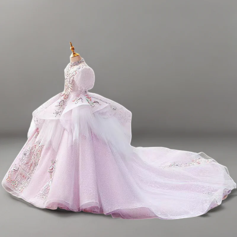 Blush Pink Embroidered Flower Girl Dress with Crystal Details and Full Train - Plus Size - Image 2