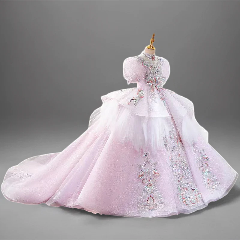Blush Pink Embroidered Flower Girl Dress with Crystal Details and Full Train - Plus Size - Image 3