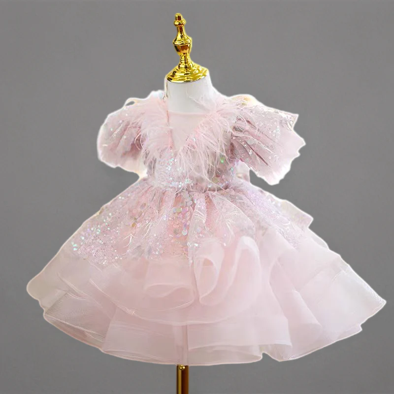Blush Pink Feather Tulle Flower Girl Dress for Wedding – Puff Sleeve Plus Size - Image 2