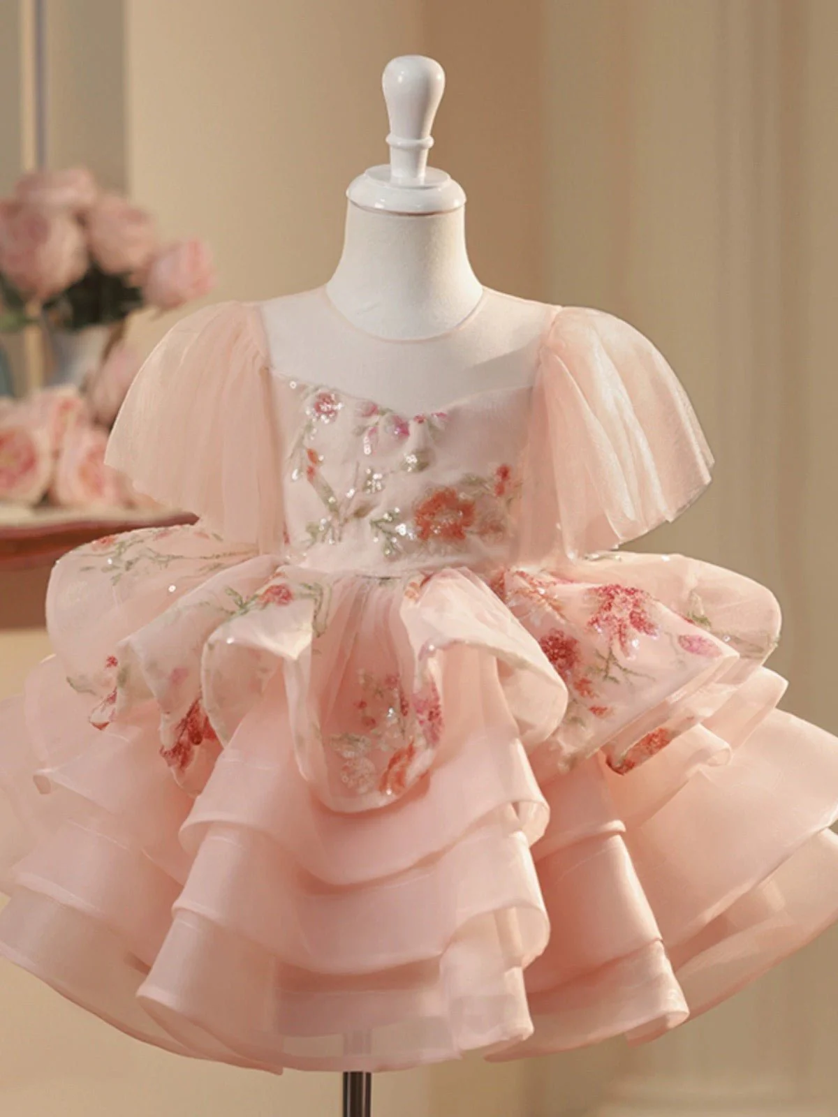 Blush Pink Flower Girl Dress with Floral Embellishments and Ruffled Layers - Plus Size - Image 2