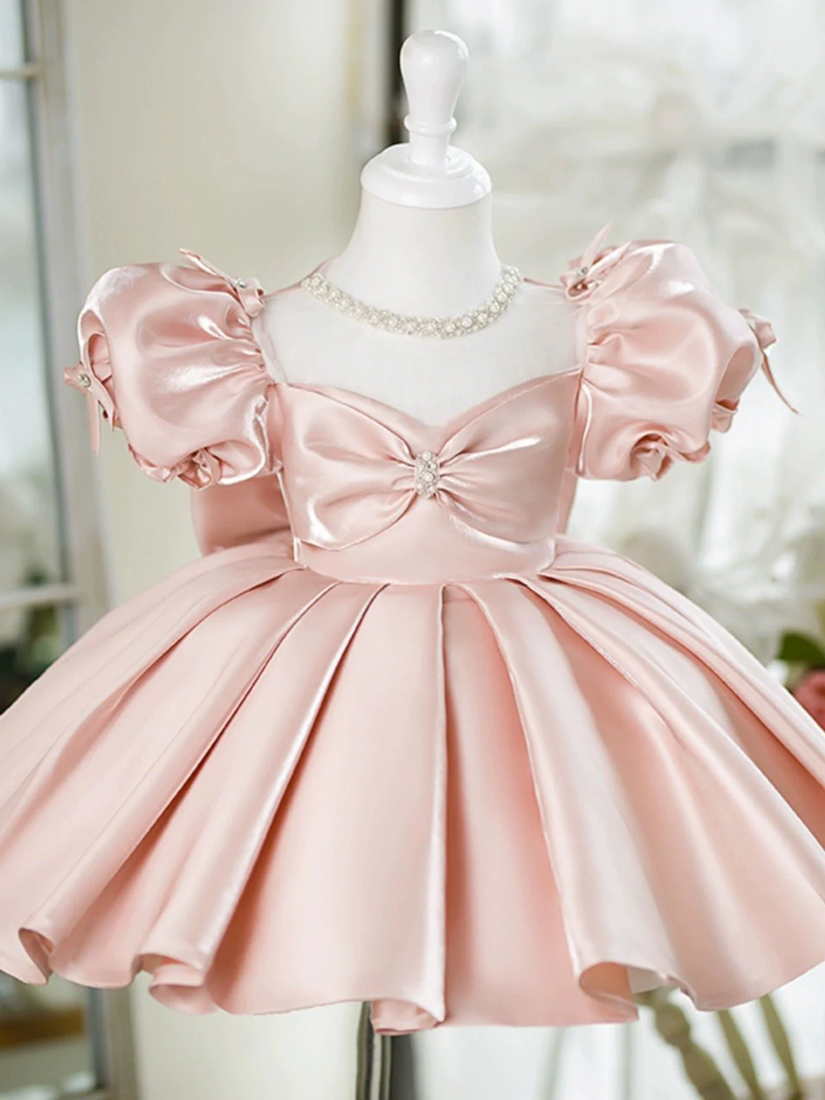 Blush Pink Flower Girl Dress with Pearled Bodice and Silky Satin Finish Plus Size
