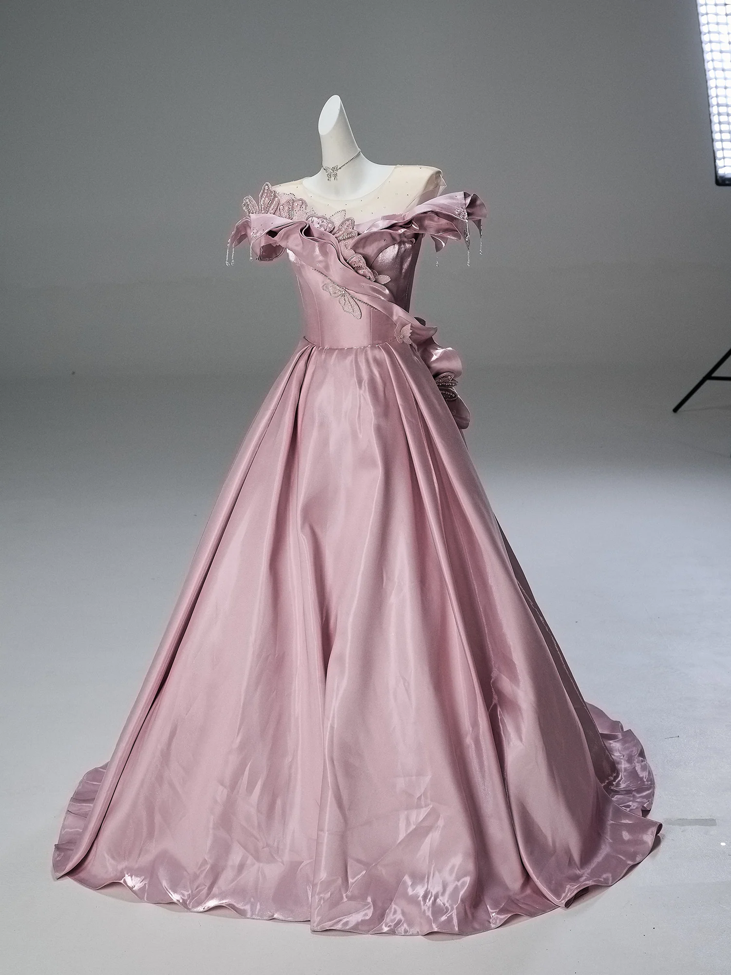 Blush Pink Satin Evening Gown with Leaf Appliqué – Off-Shoulder Evening Dress with Corset Back Plus Size - Image 2