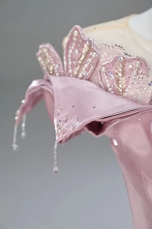 Blush Pink Satin Evening Gown with Leaf Appliqué – Off-Shoulder Evening Dress with Corset Back Plus Size - Image 9
