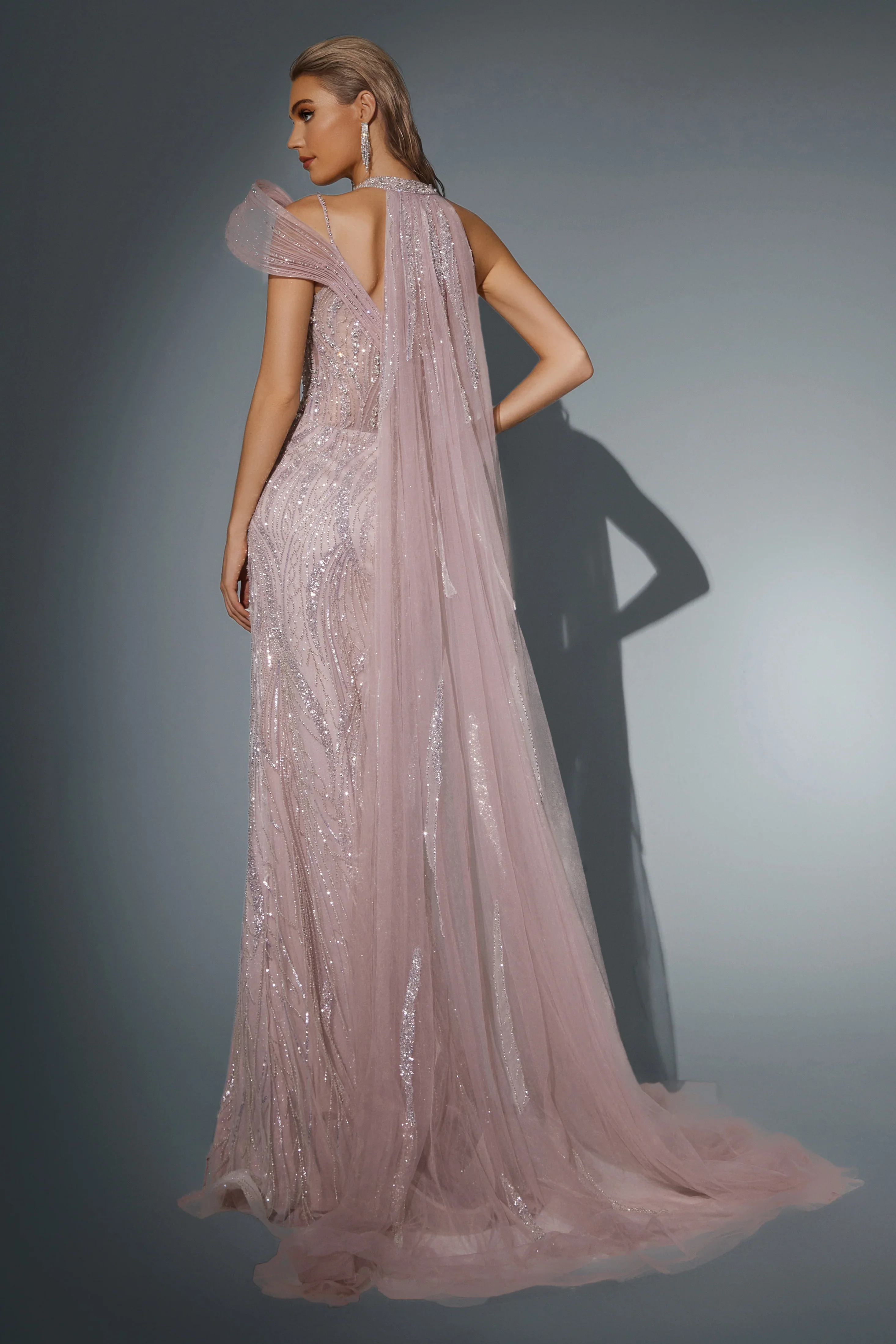 Blush Pink Sequin Evening Gown with Halter Neckline - Sparkly Maxi Dress with Flowing Cape and Thigh-High Slit - Designer Gown Plus Size - Image 2