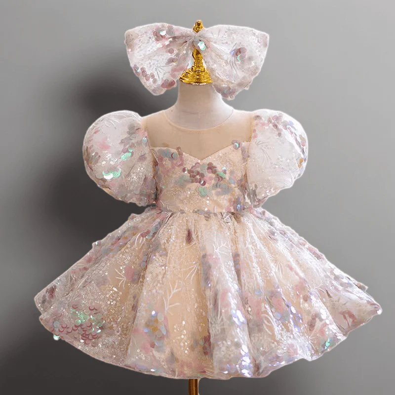 Blush Pink Sequin Tulle Flower Girl Dress for Wedding – Puff Sleeve Plus Size