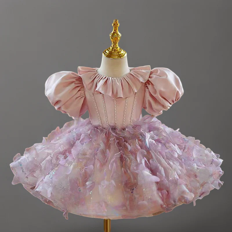 Blush Pink Tulle Flower Girl Dress with Puff Sleeves for Special Occasion – Plus Size