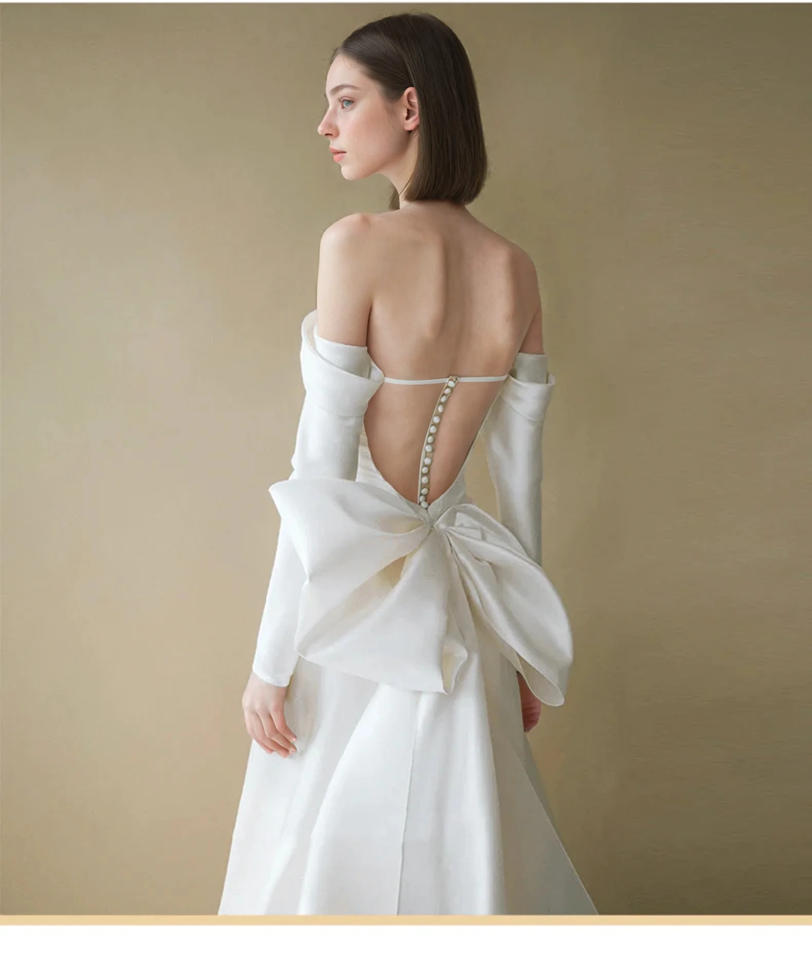 Boho Style Off Shoulder Satin Backless Wedding Dress With Long Sleeves -Simple Bridal Dress Plus Size - Image 3