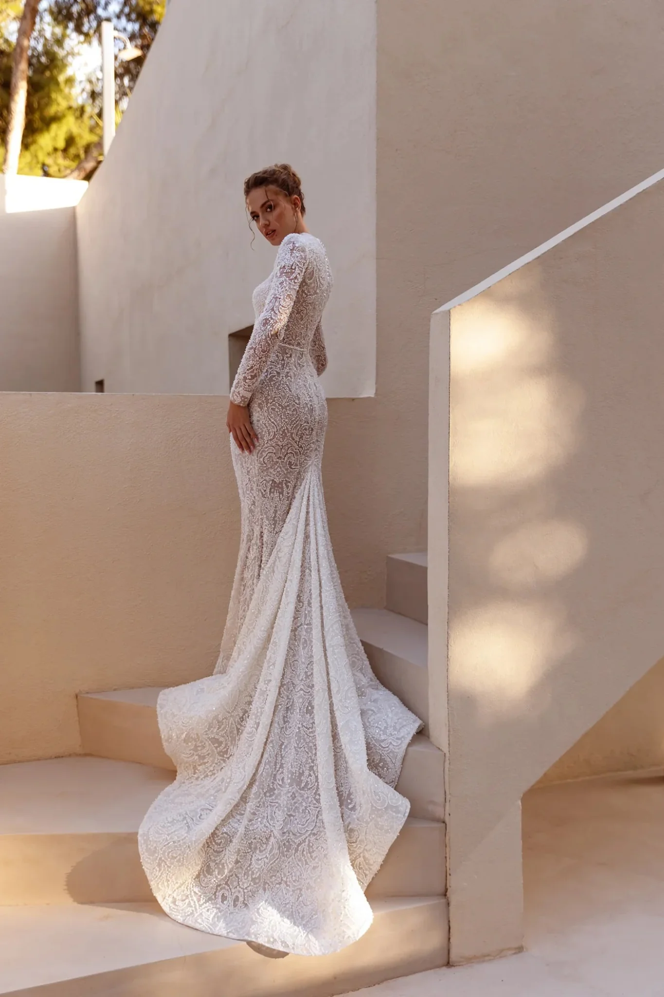 White Lace High-Neck Long Sleeve Wedding Dress with Floor-Length Train - Plus Size-Breeze - Image 4